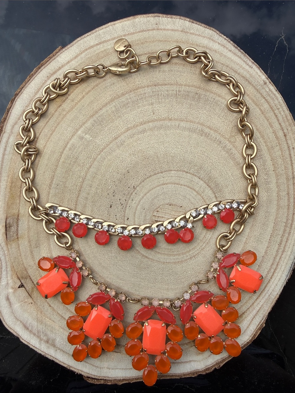 Stella & Dot Gold Tone Orange Rhinestone Statement Necklace
